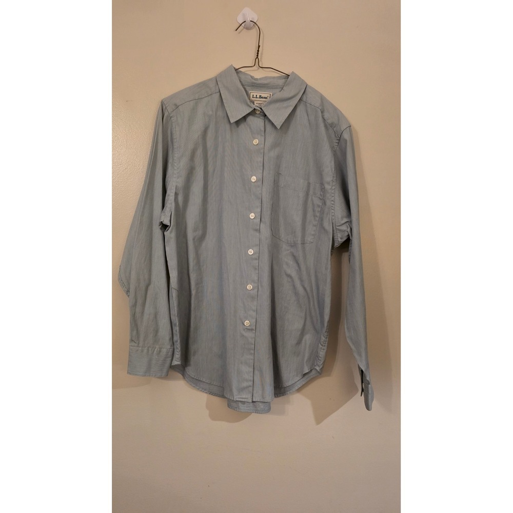 LL Bean Womens Medium Regular Blue Micro Stripe Button Down Long Sleeve Shirt